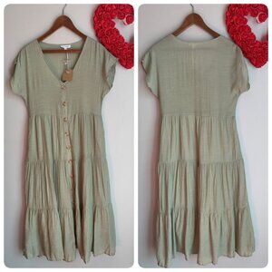 Blu Pepper Womens Short Sleeve Summer Casual Midi Tier Dress Medium Light Olive